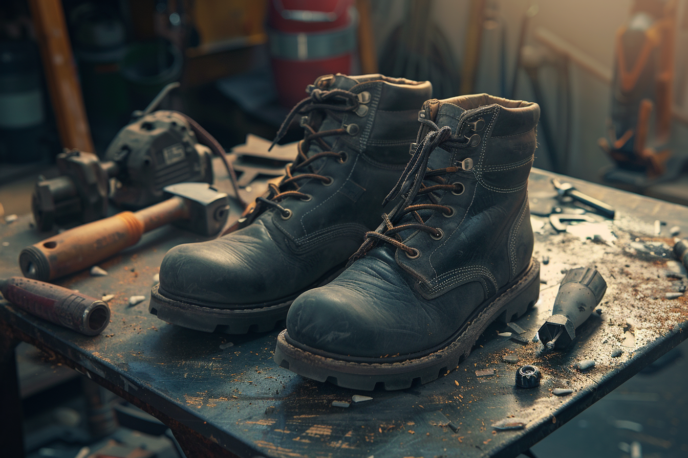 Dark grey boots and tools on workshop floor display.