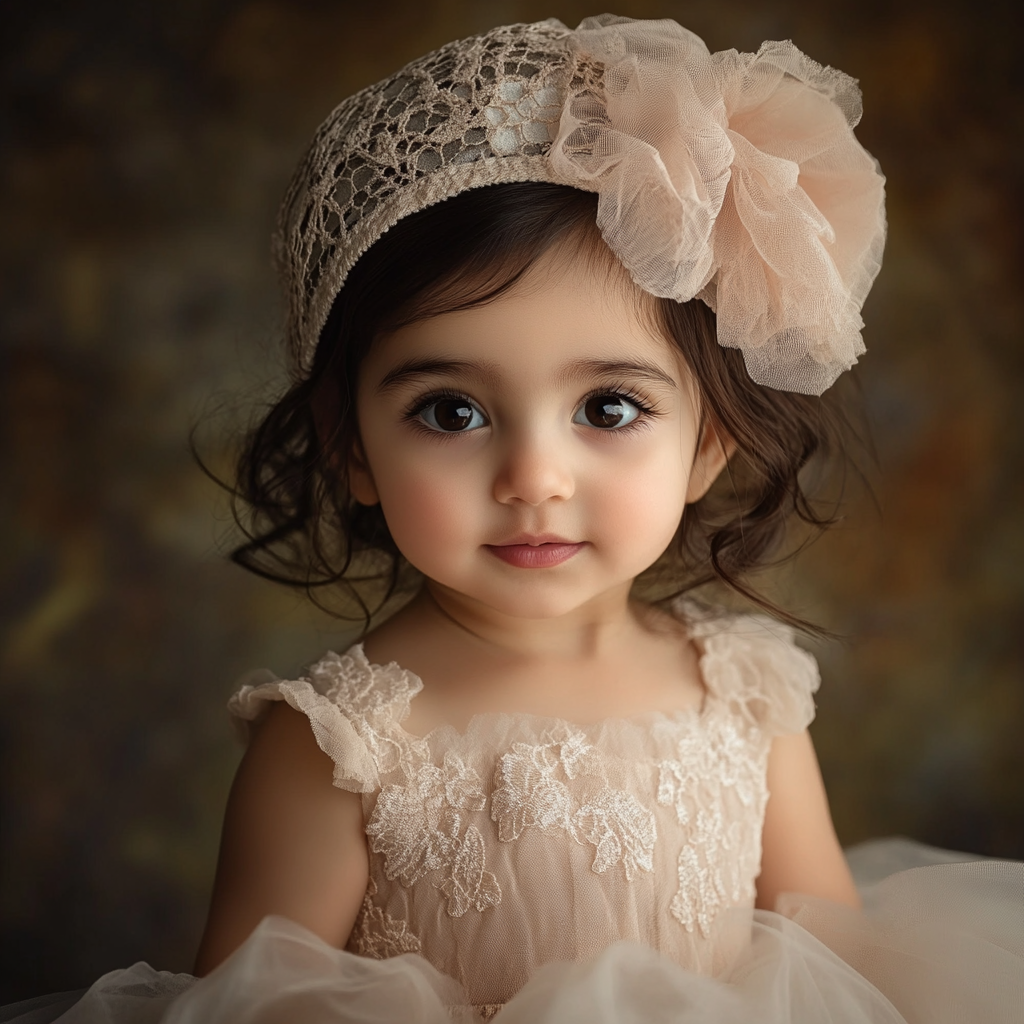 Dark hair, tulle dress, lace details; gentle, innocent expression.