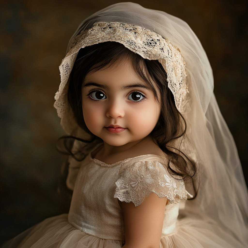 Dark-haired, 1-year-old Iranian girl in lace adorned tulle dress.