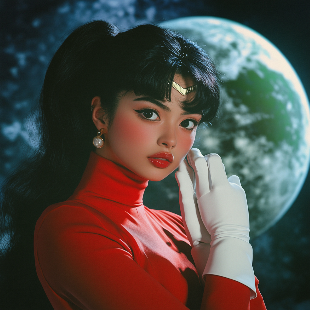 Dark-haired Sailor Moon in red turtleneck poses artistically.