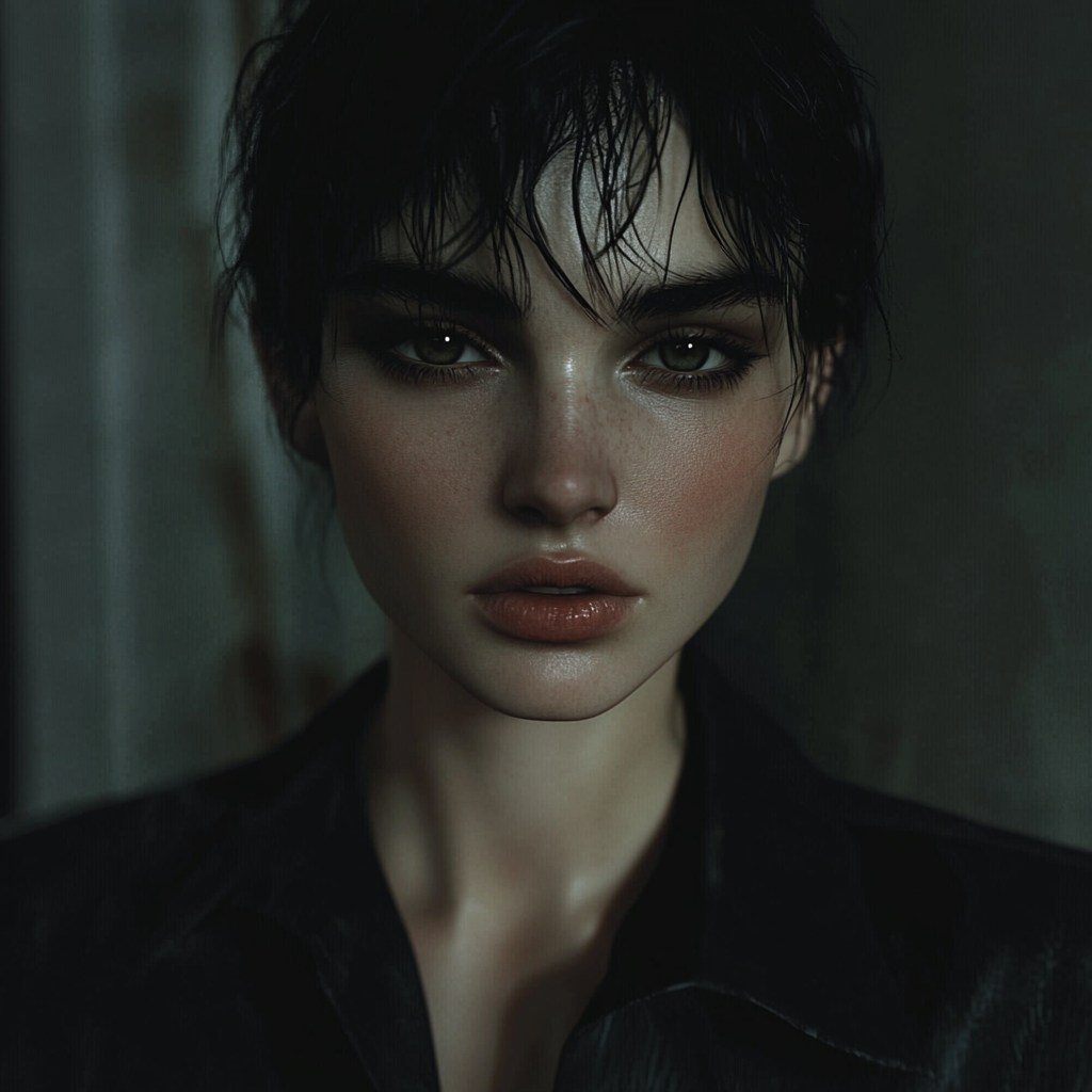 Dark-haired model in high fashion, eerie vibes