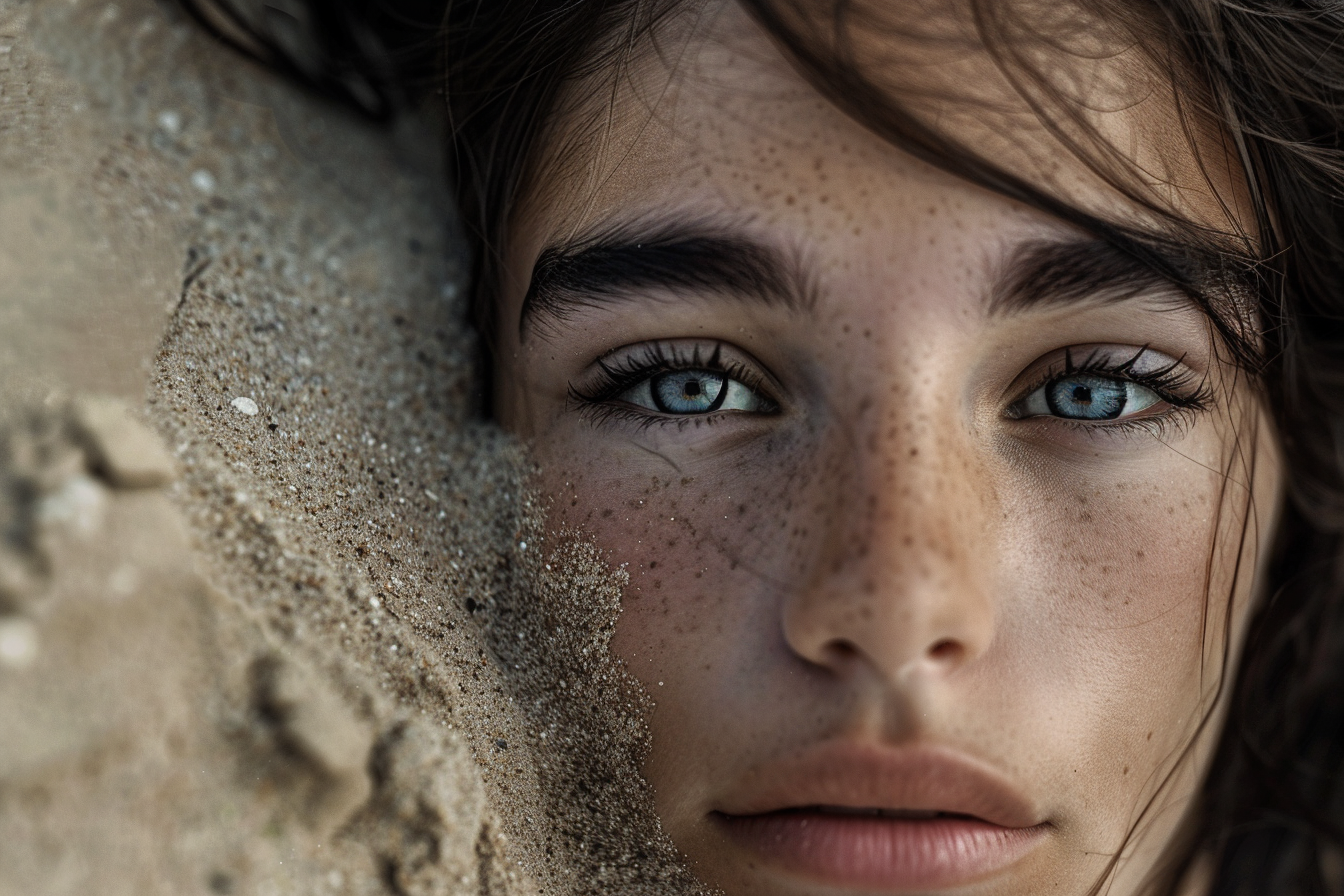 Dark-haired woman playing in sand, realistic portrait photo.