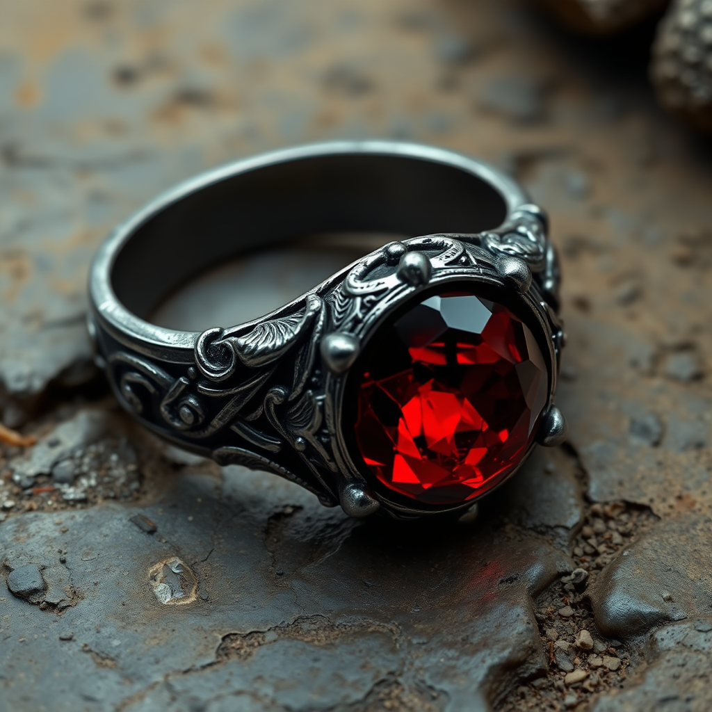 Dark metal ring with red magic stone - Illustration