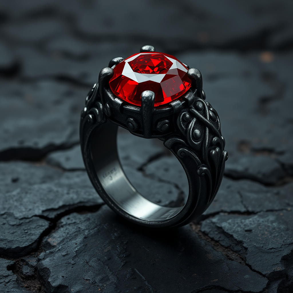 Dark metal ring with red magic stone-Sample AI Image