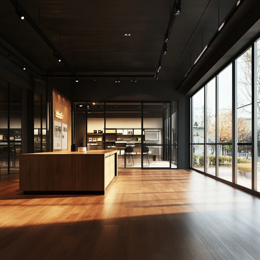 Dark oak wooden flooring in realistic showroom space. Warm tone.