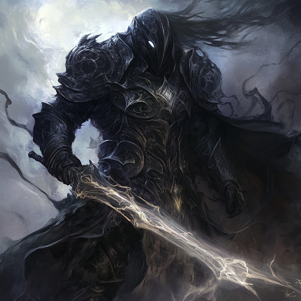 Dark paladin in black armor wields dark greatsword. Sky is stormy.