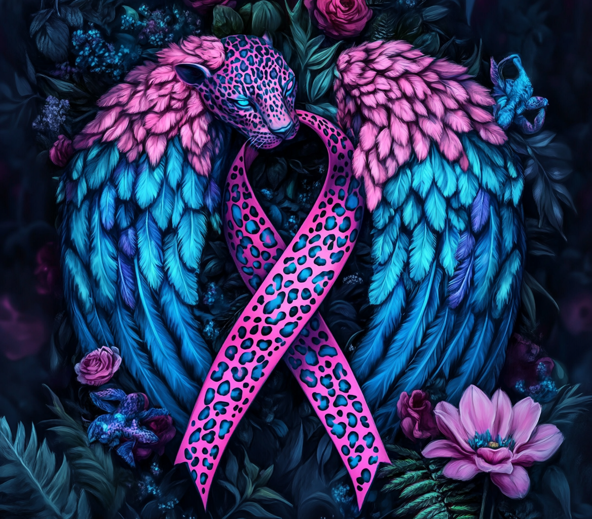 Dark pink and blue cancer ribbon with angel wings.