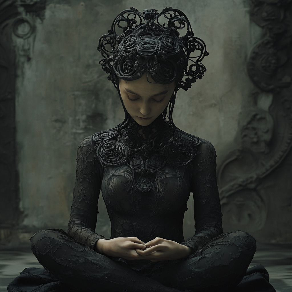 Dark portrait of deity meditating, looking at camera solemnly.