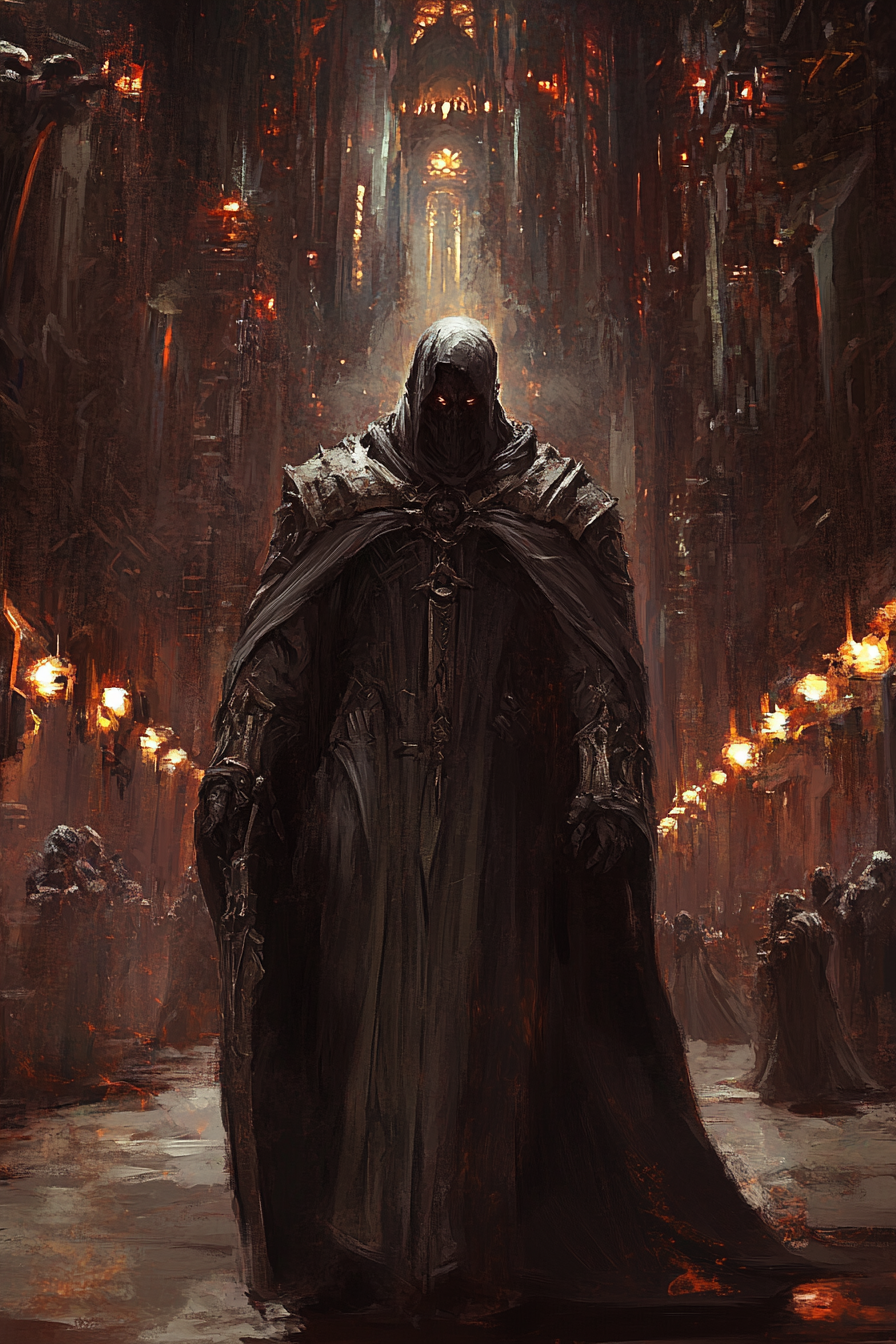 Dark priest in gothic robes in cathedral.