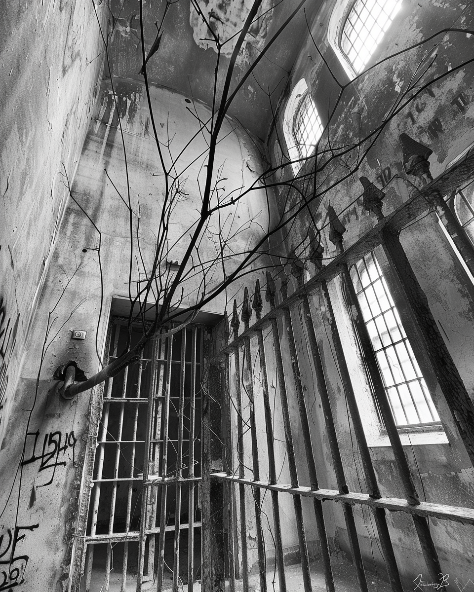 Dark prison cell with iron bars, stark shadows.