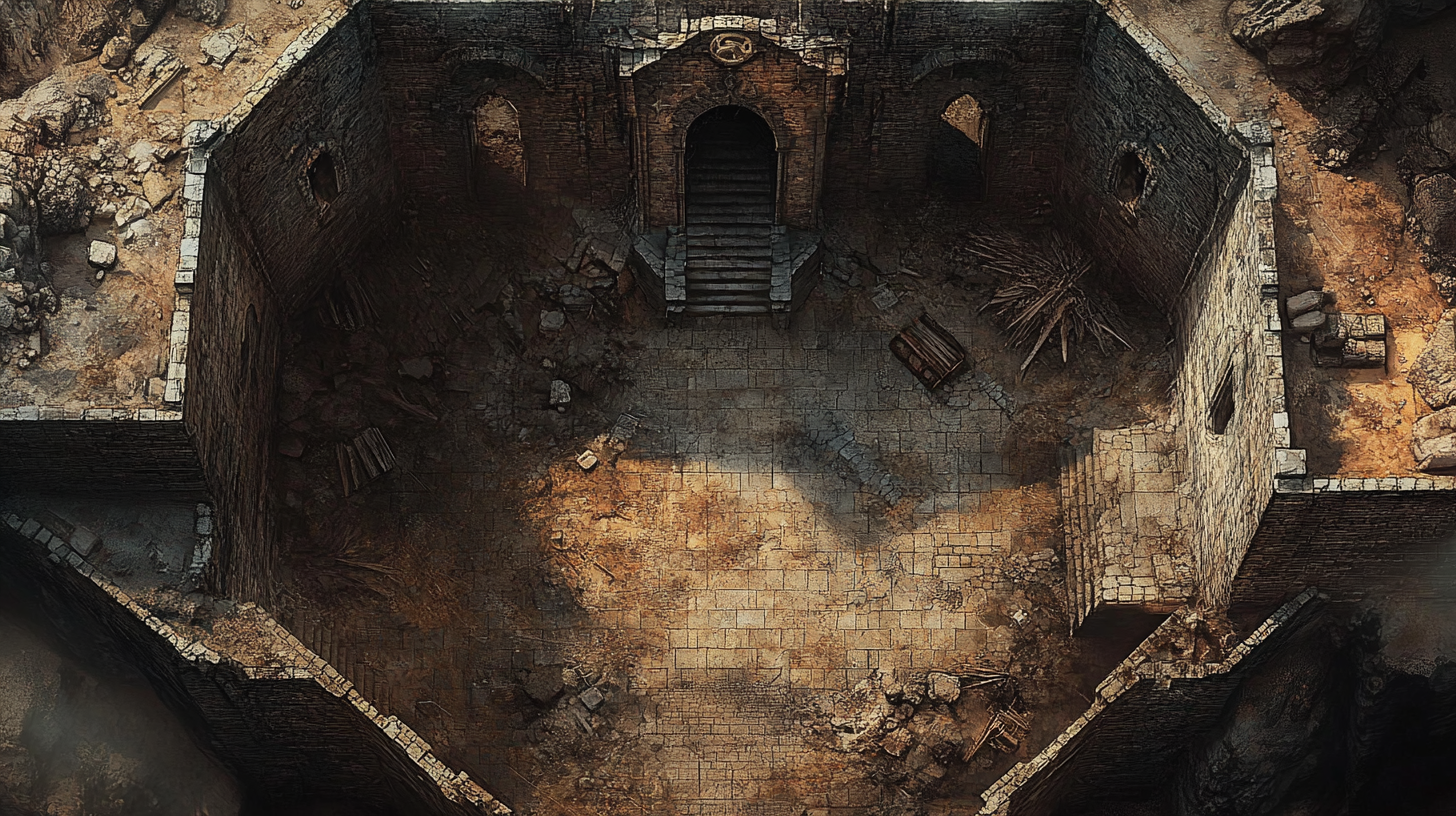 Dark prison underground dungeon map with rubble, poor condition.