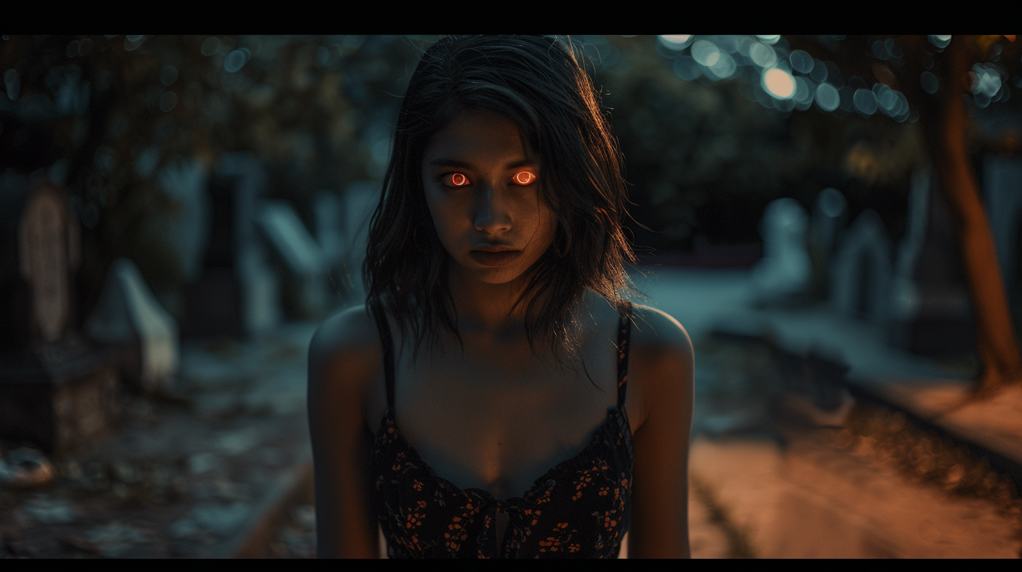 Dark scale image of glowing-eyed Mexican woman emerge.