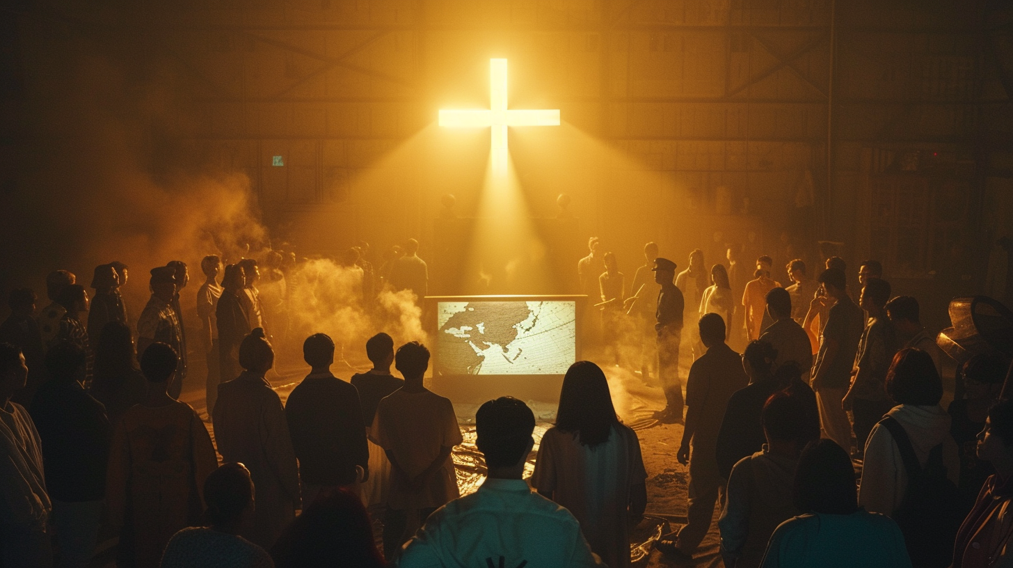 Dark scene with glowing cross, map, and diverse people.