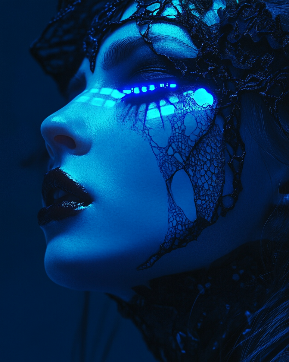 Dark shadows contrast with bright neon blue futuristic art.