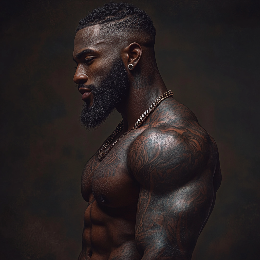 Dark-skinned man with close-cut hair, full beard. Tall.