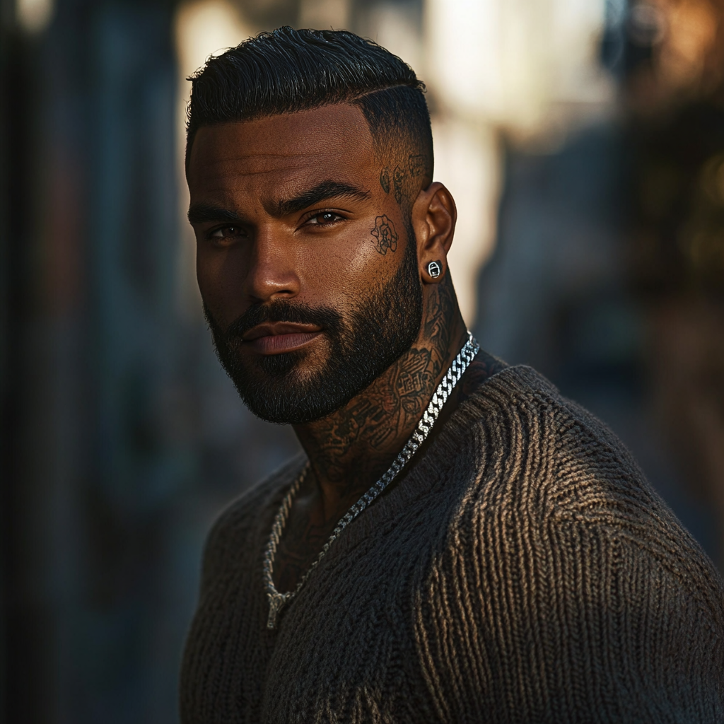 Dark-skinned man with sharp edge up, tattoos and chain.