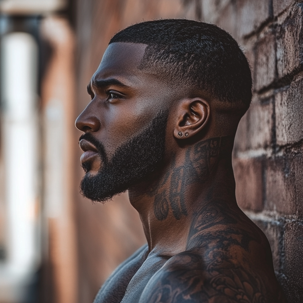 Dark skinned man with tattoos, sharp edge up stand.