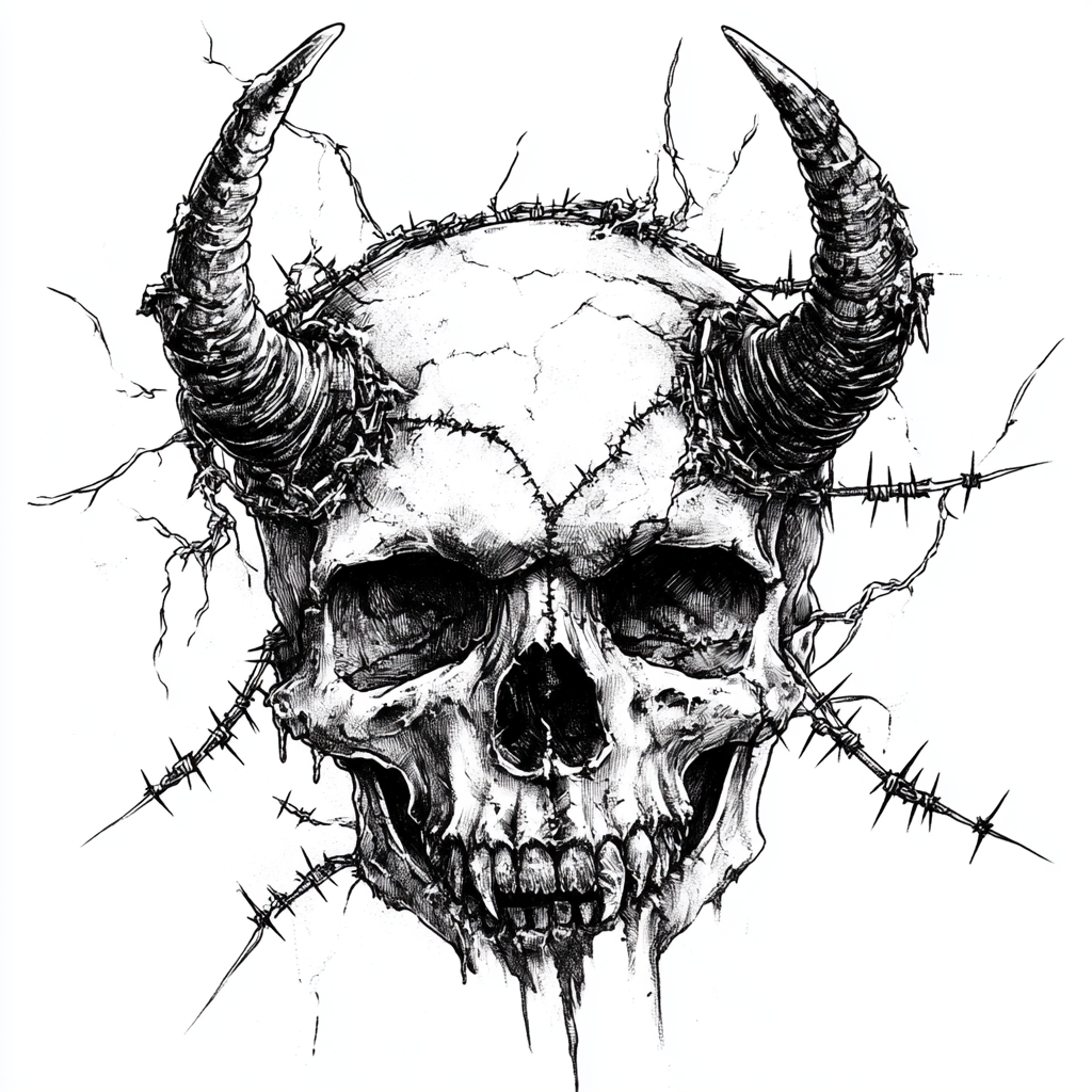 Dark skull with old horns, barbed wire, grunge tattoo.