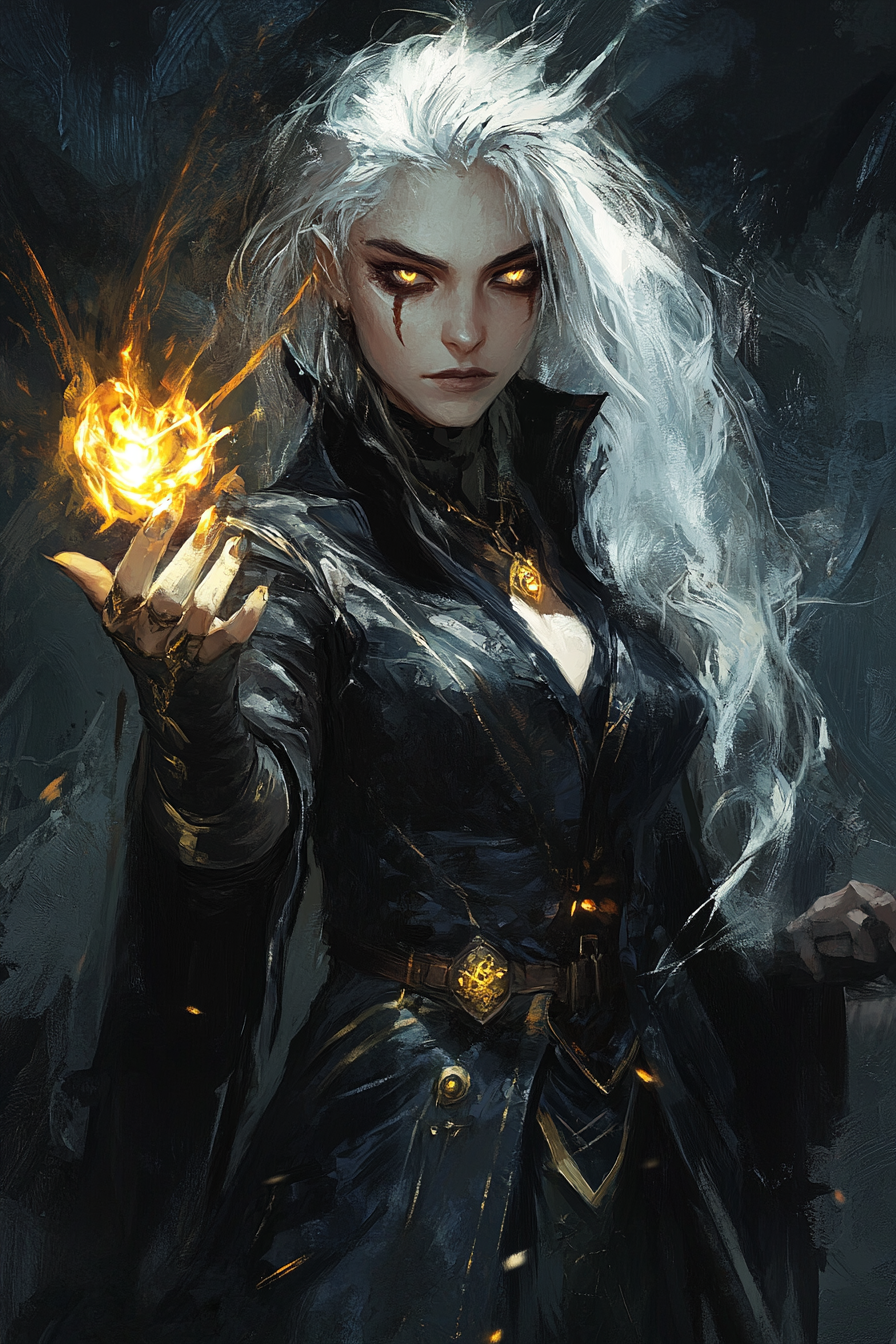 Dark sorceress with robe, talisman, grim fantasy painting.