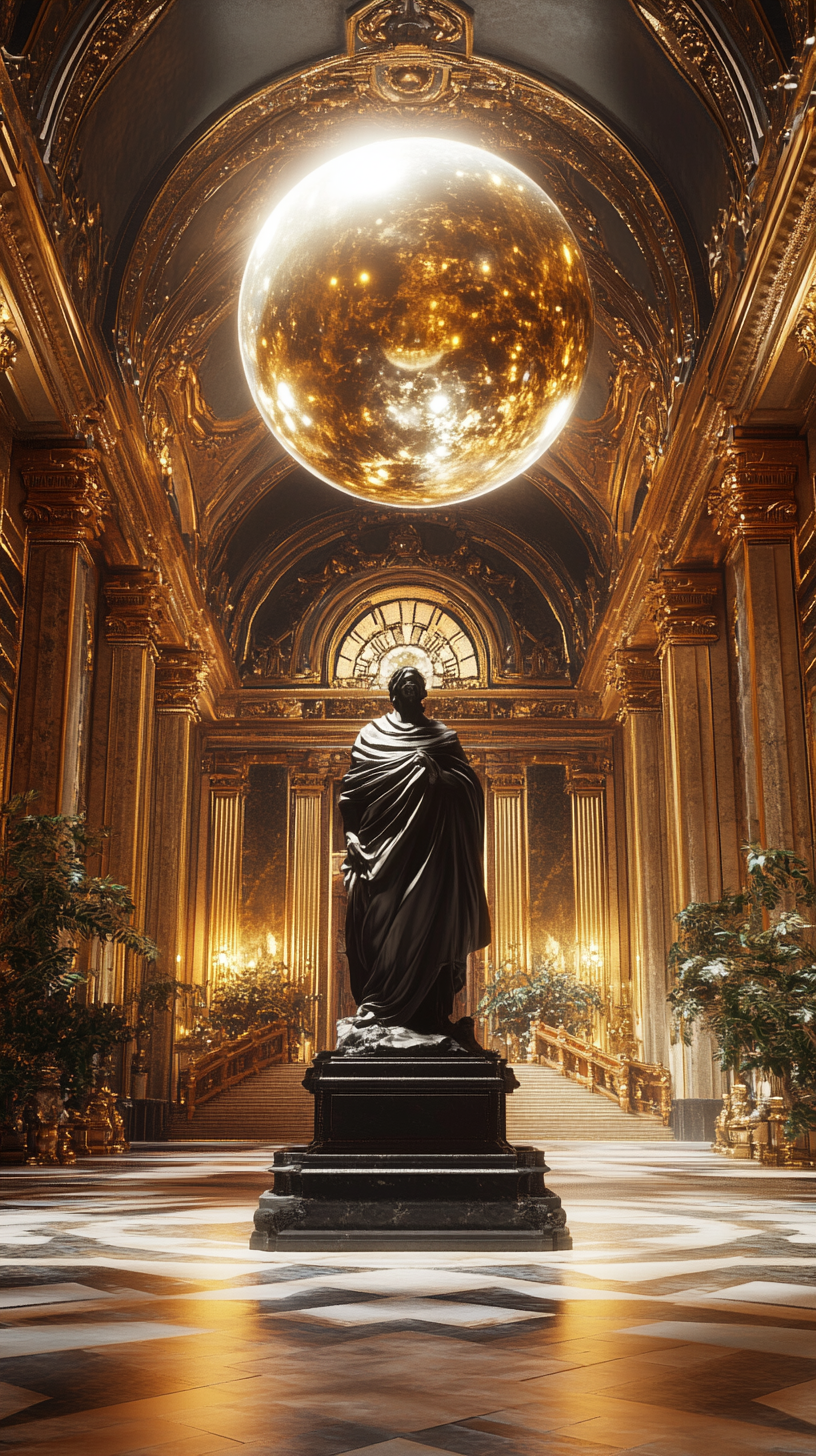 Dark statue in golden hall with shiny sphere, 4k.