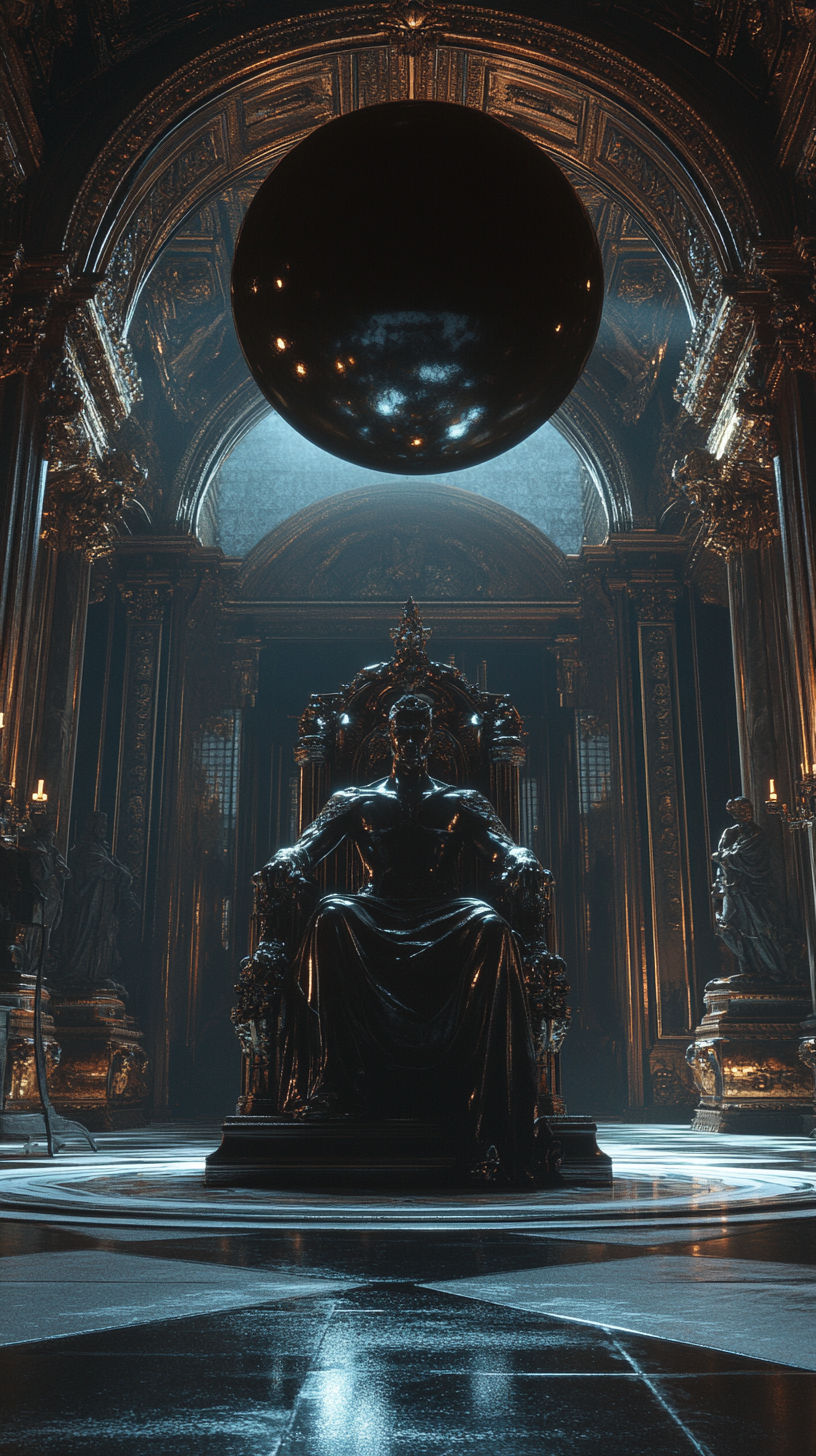 Dark statue on throne in Victorian castle lobby.