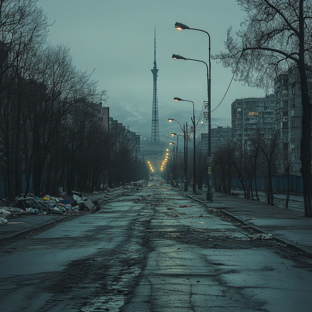 Dark street in Almaty with broken curbs and garbage.