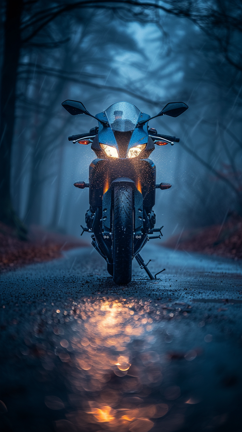 Dark trail cinematic shot of Yamaha R3 motorcycle.