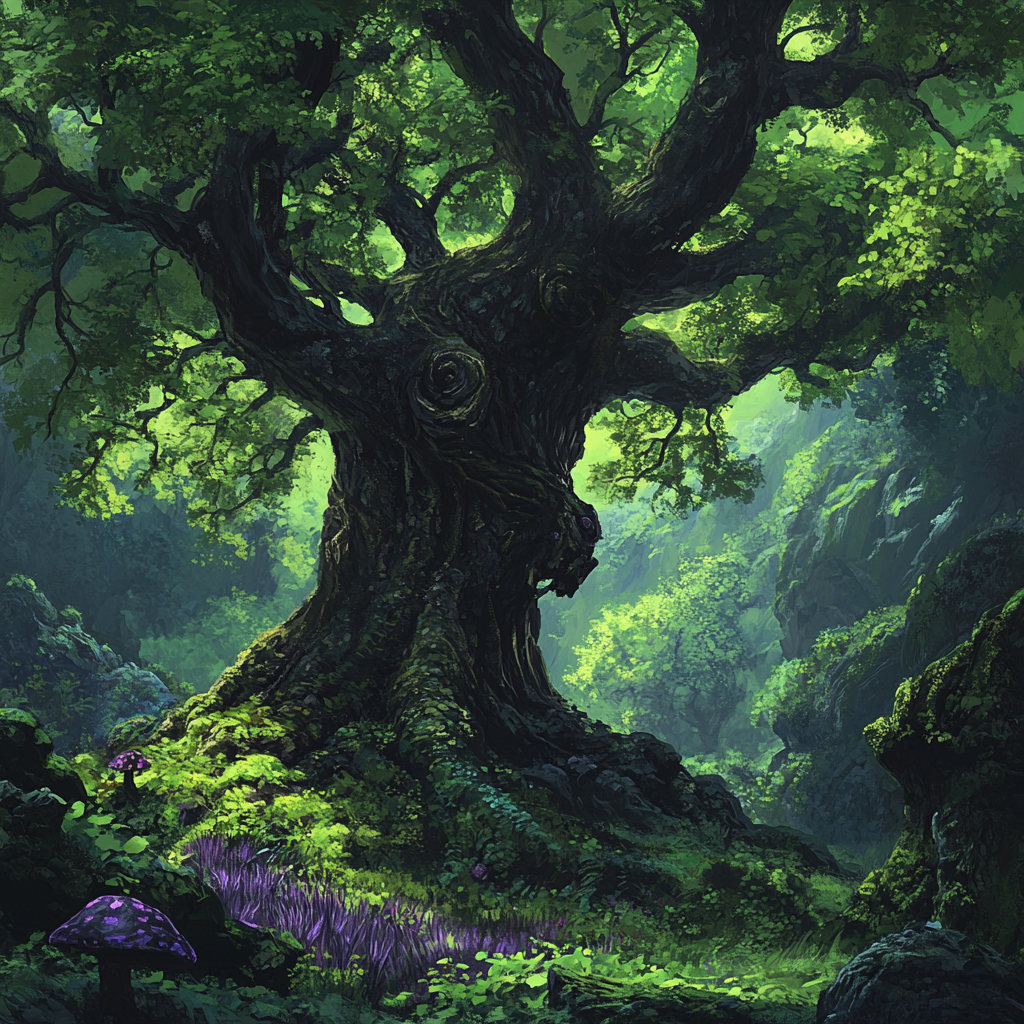 Dark tree in green forest with purple mushrooms.