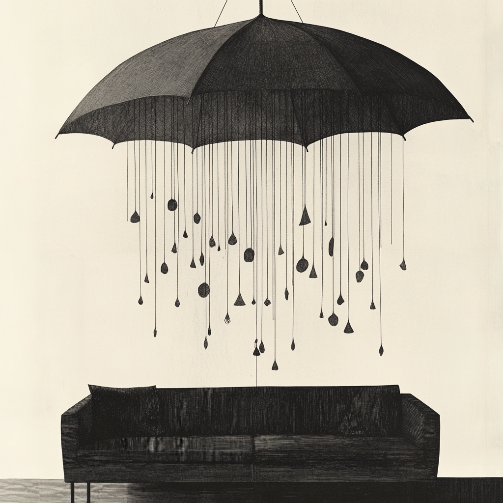 Dark umbrella hangs over black sofa, eerie room