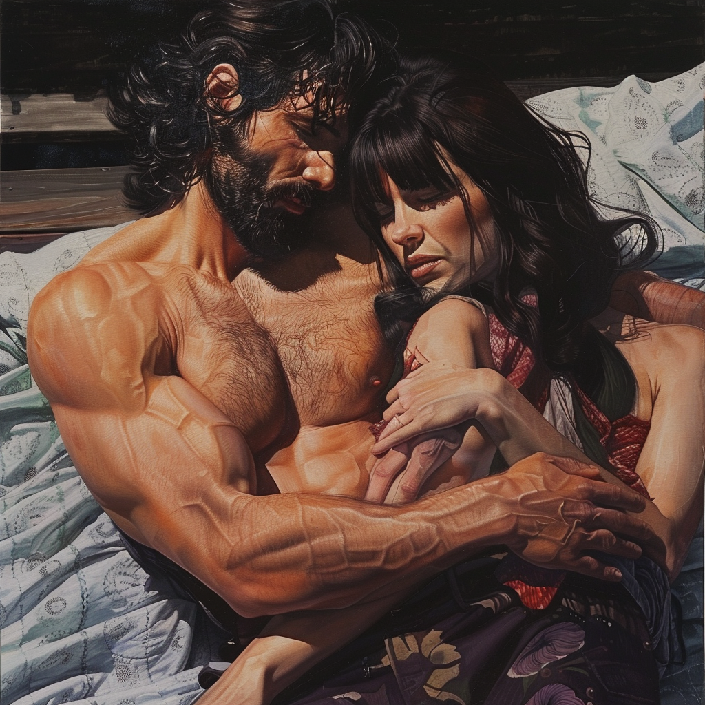 Dark wavy hair woman and bearded man pose.