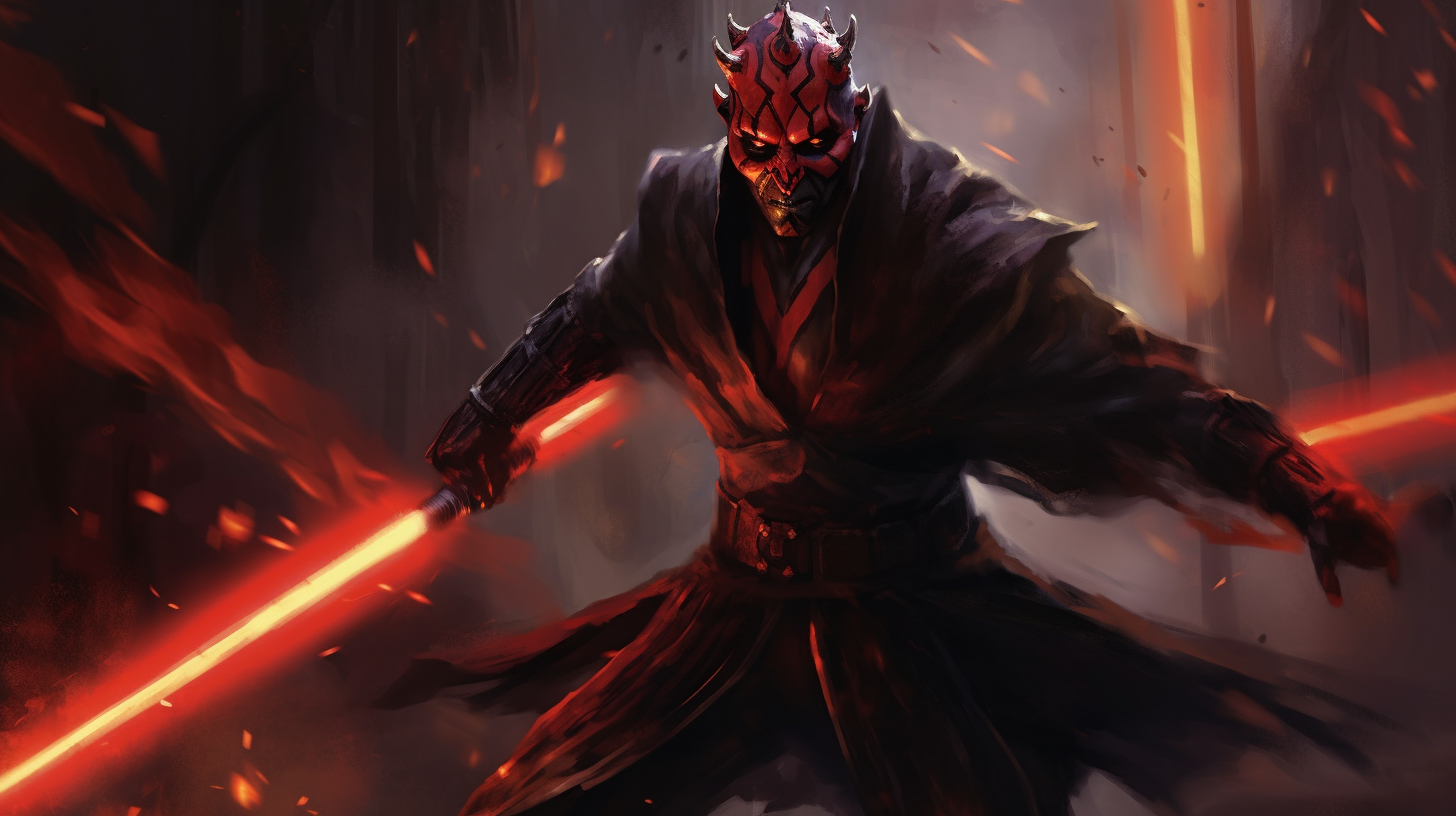 Darth Maul ready with red lightsaber in flames