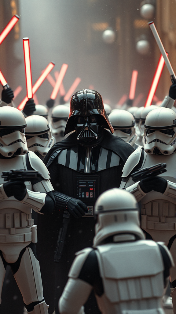 Darth Vader facing angry clone stormtroopers