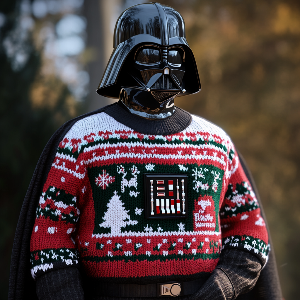 Darth Vader in Christmas sweater with festive designs