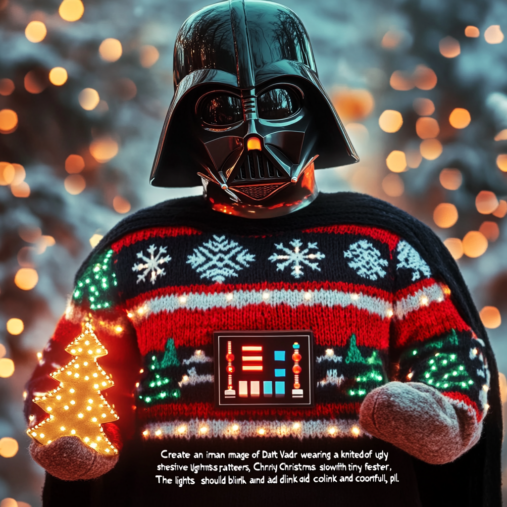 Darth Vader in festive sweater with glowing lights