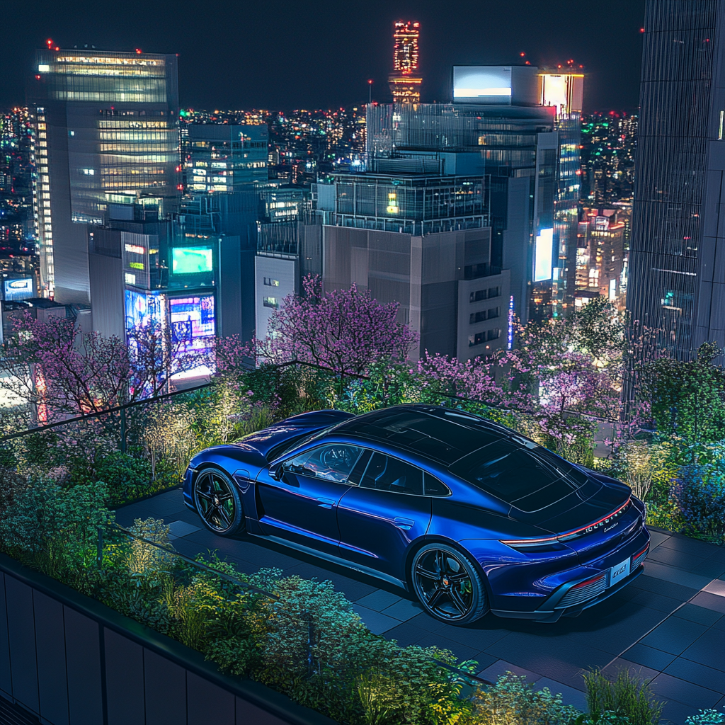 Dazzling blue Porsche Taycan Turbo S in Tokyo rooftop garden