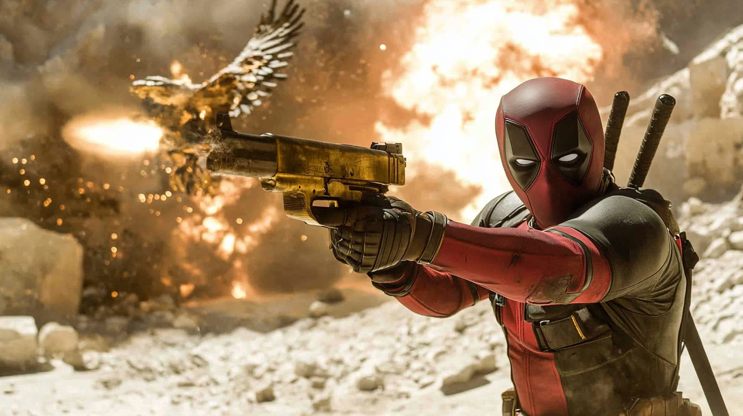 Deadpool aiming with two golden guns in movie.