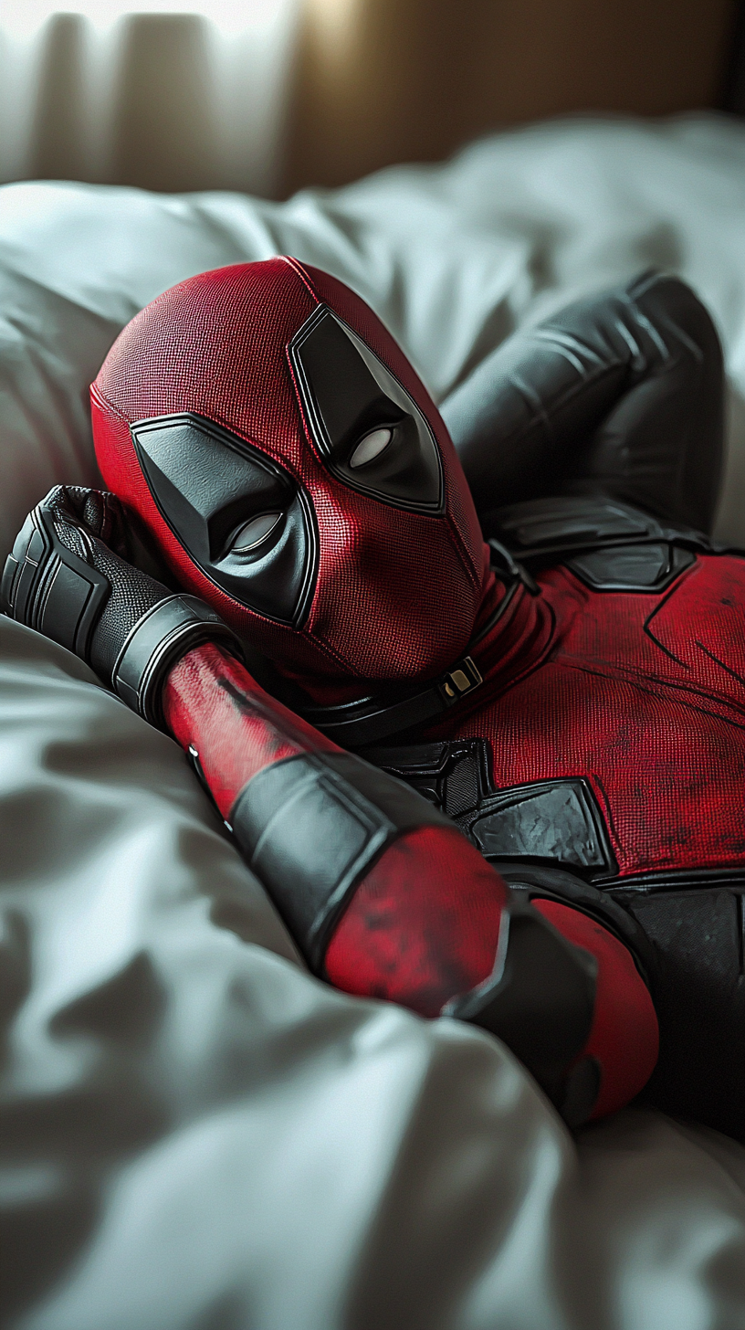 Deadpool and Wolverine Model Playfully on Bed