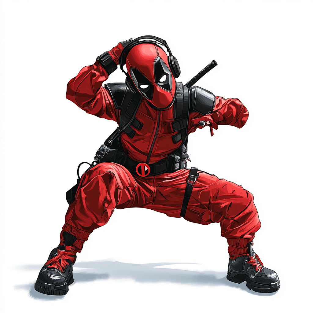 Deadpool in hip hop dancer outfit, breakdancing pose.