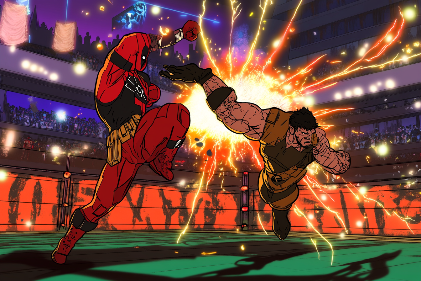 Deadpool kicks Wolverine with dynamic energy in animation scene.