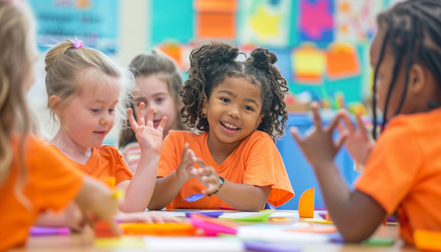 Deaf K-12 students sign ASL in classroom activity.