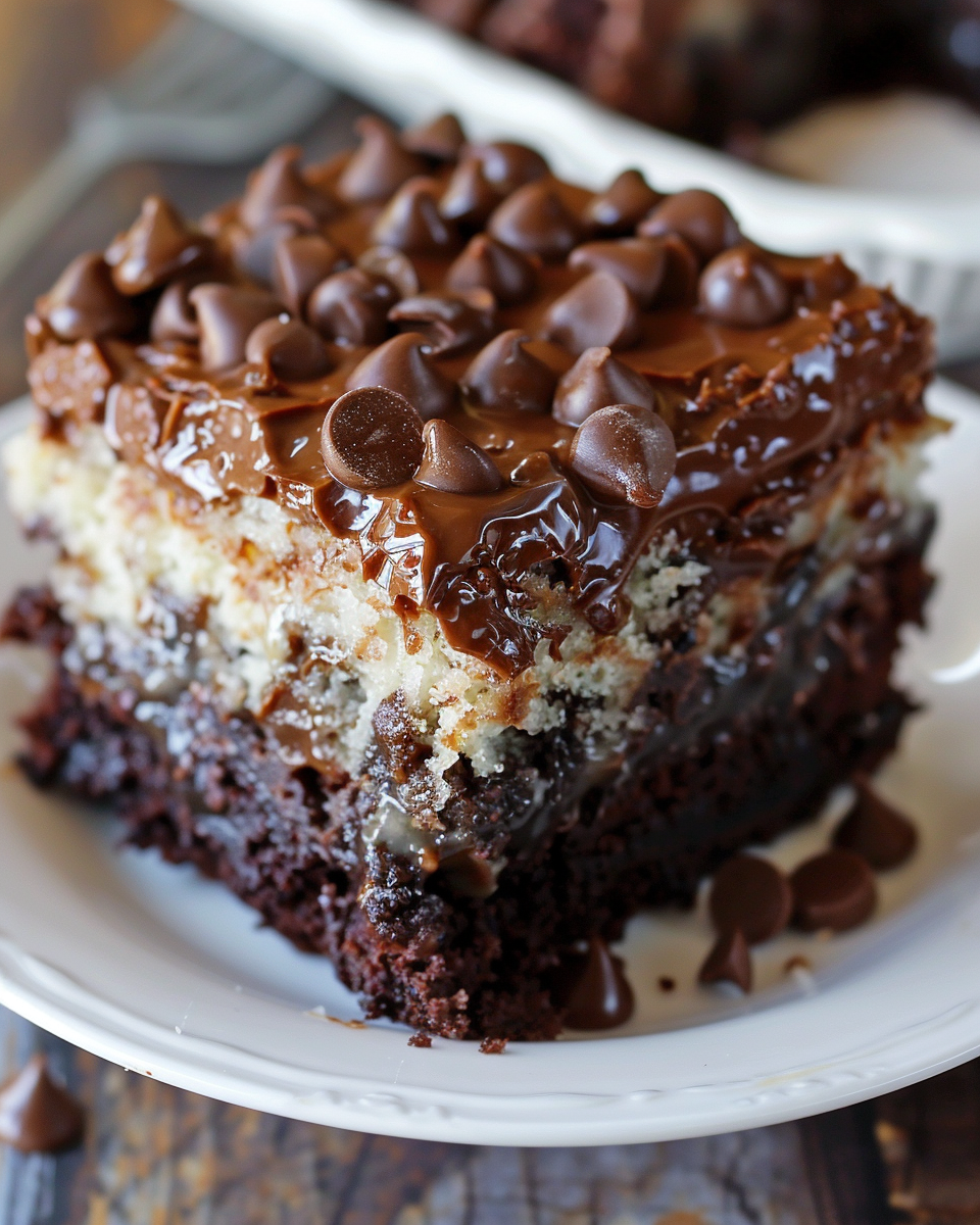 Decadent German Chocolate Poke Cake with creamy fillings.