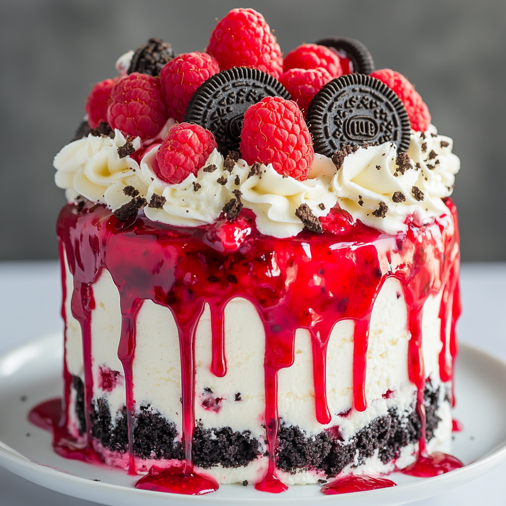 Decadent cake with cream, Oreos, raspberries, and sauce