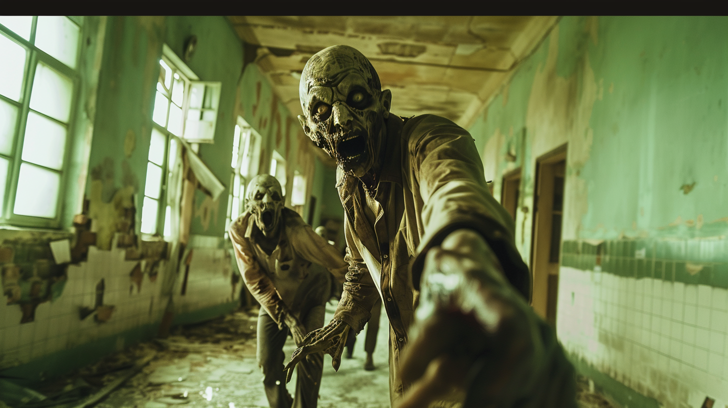 Decayed zombies in dark school, reaching for prey.