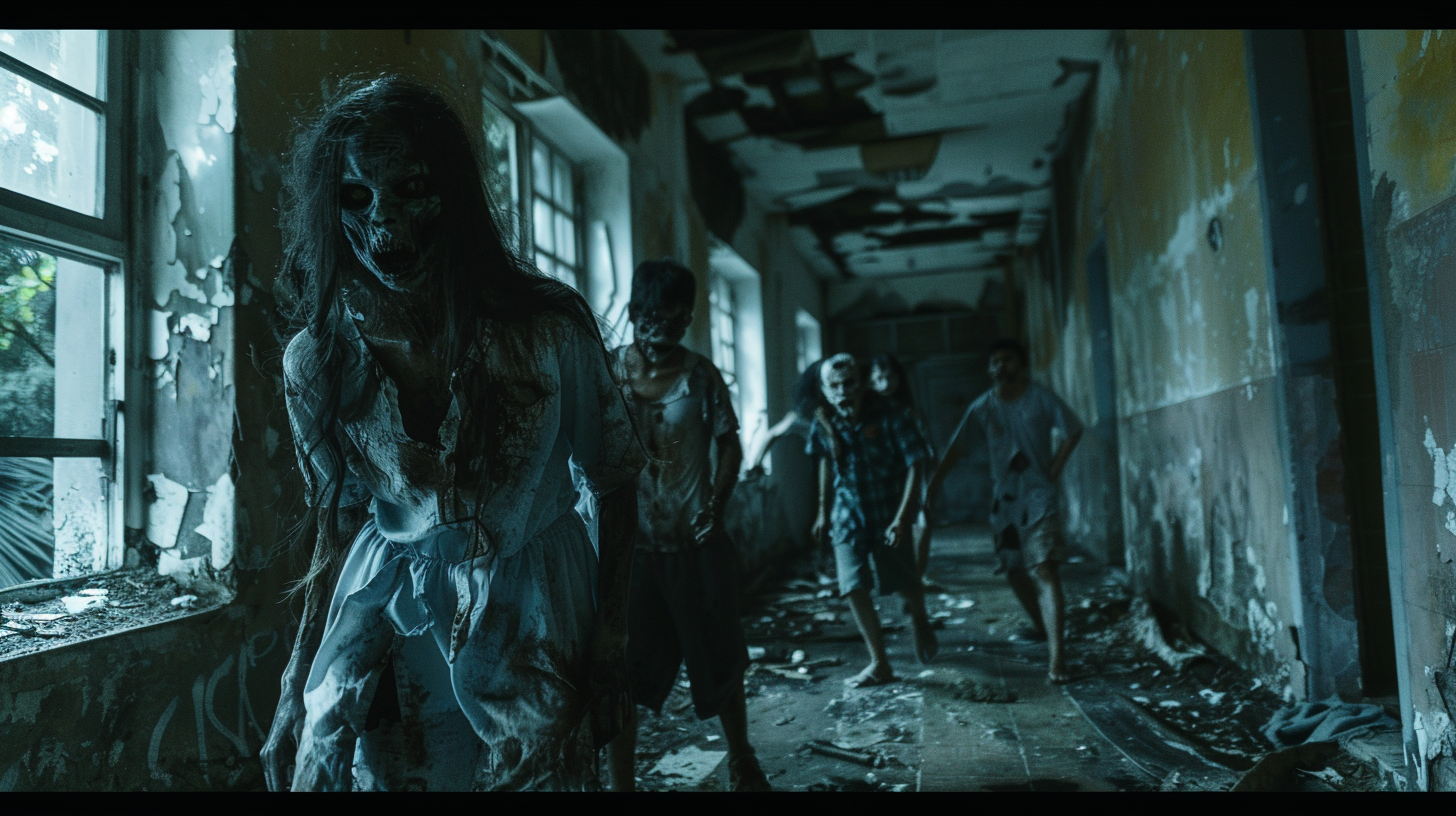 Decayed zombies seeking prey in dark Thai high school.