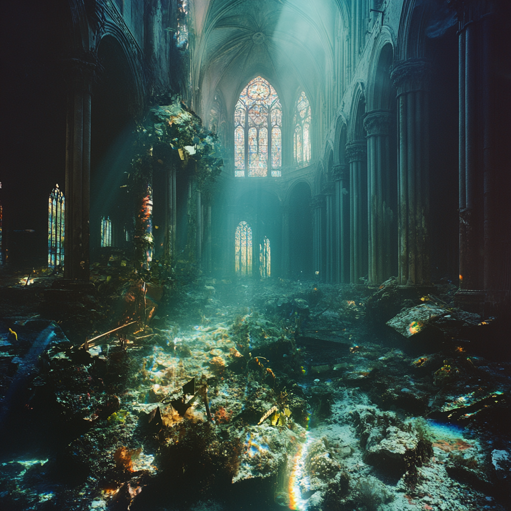 Decaying coral reefs underwater in cathedral, dreamy composition.