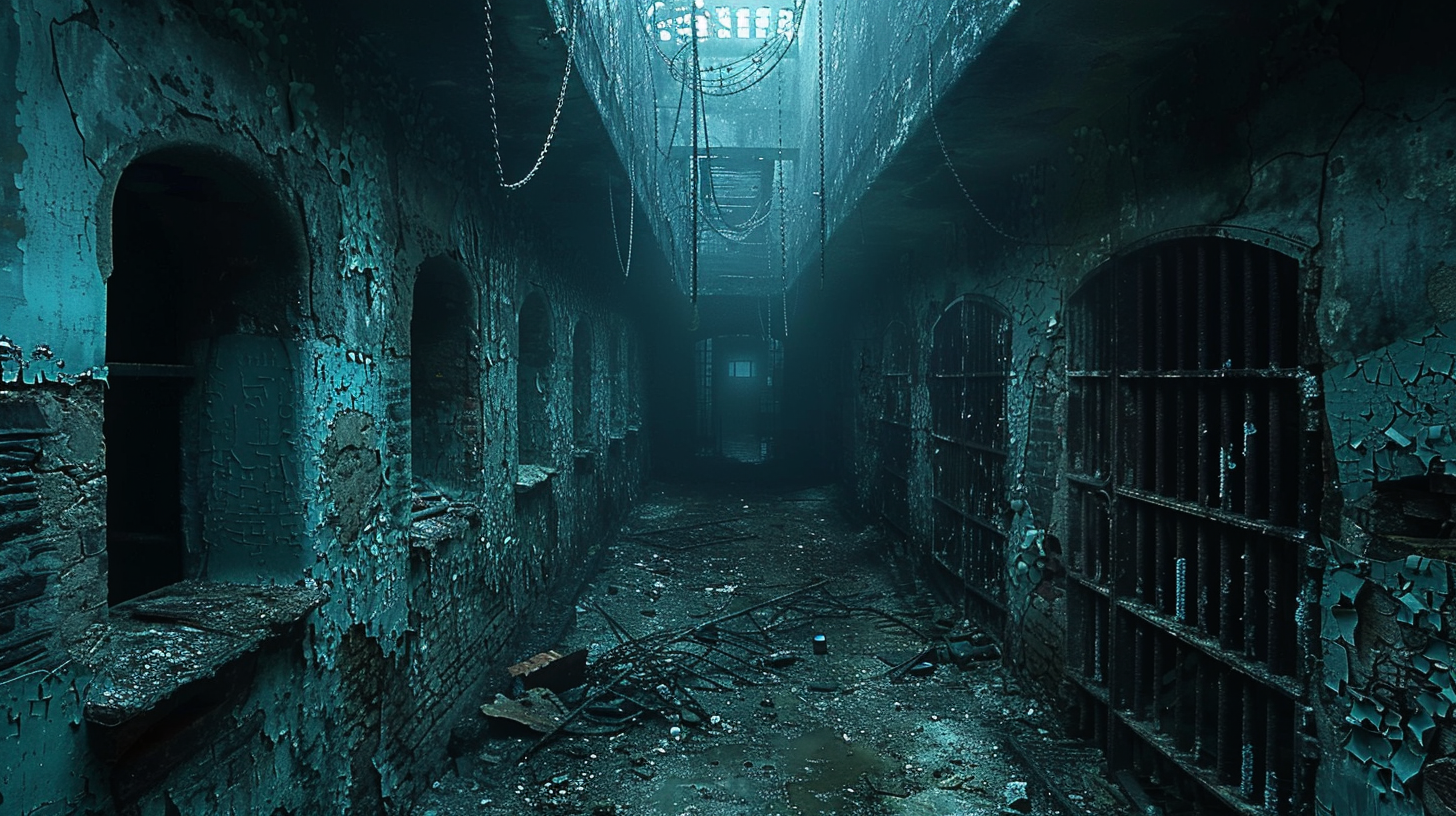 Decaying prison basement with rusted metal bars and chains.