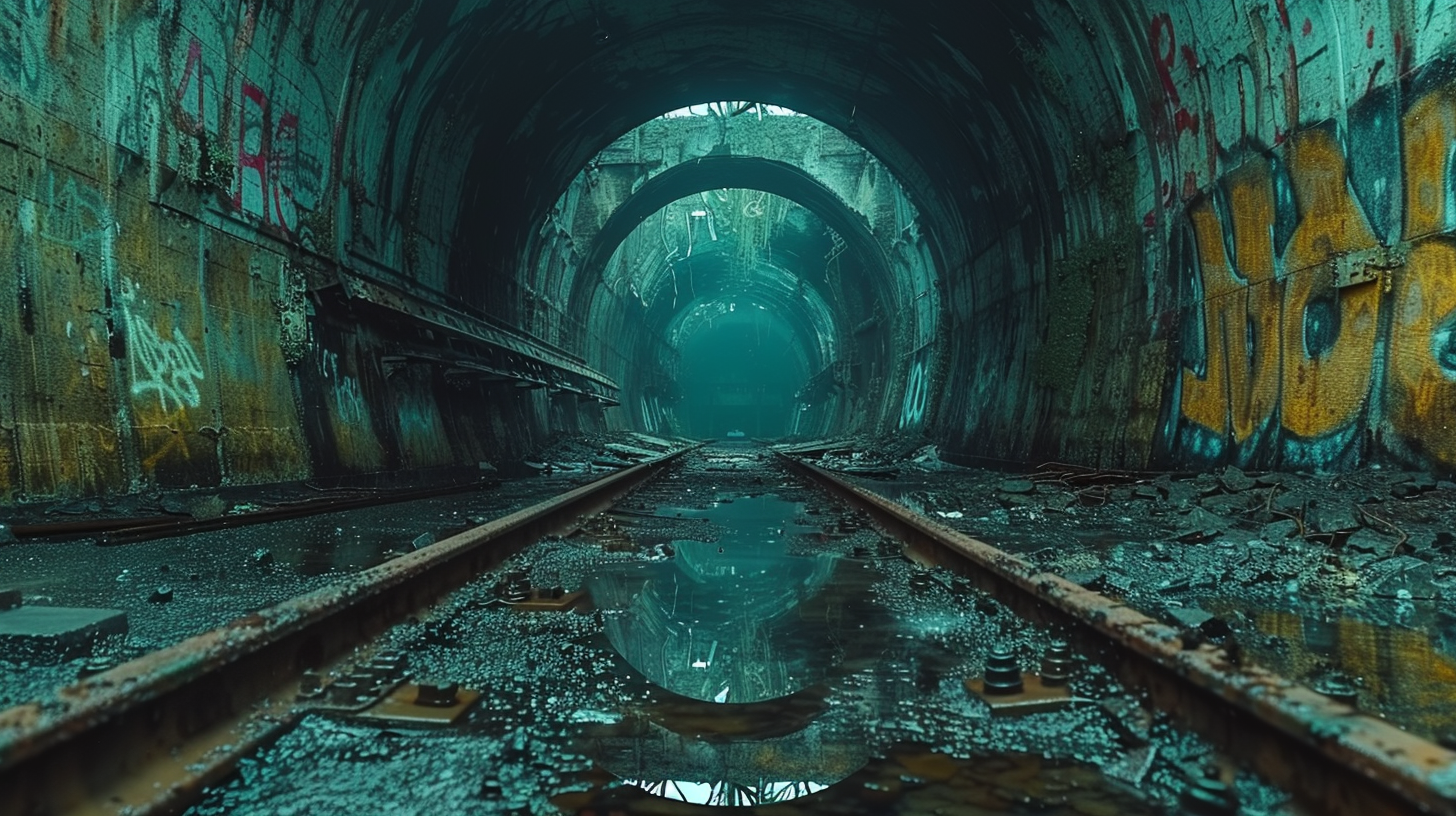 Decaying subway tunnel with graffiti and flickering lights.