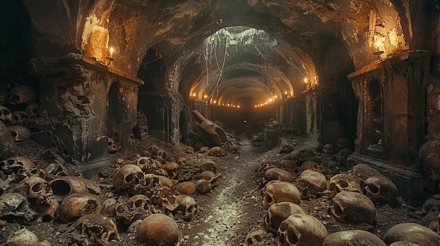 Decrepit catacomb filled with dusty coffins and cobwebs.