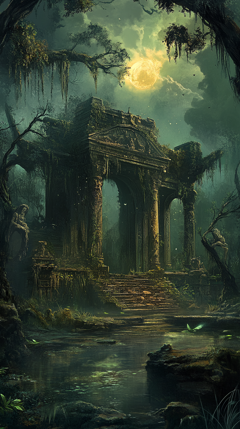 Decrepit temple surrounded by shadowy swamp, haunting specters linger.