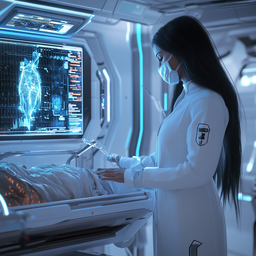 Dedicated doctor in futuristic spaceship medical bay